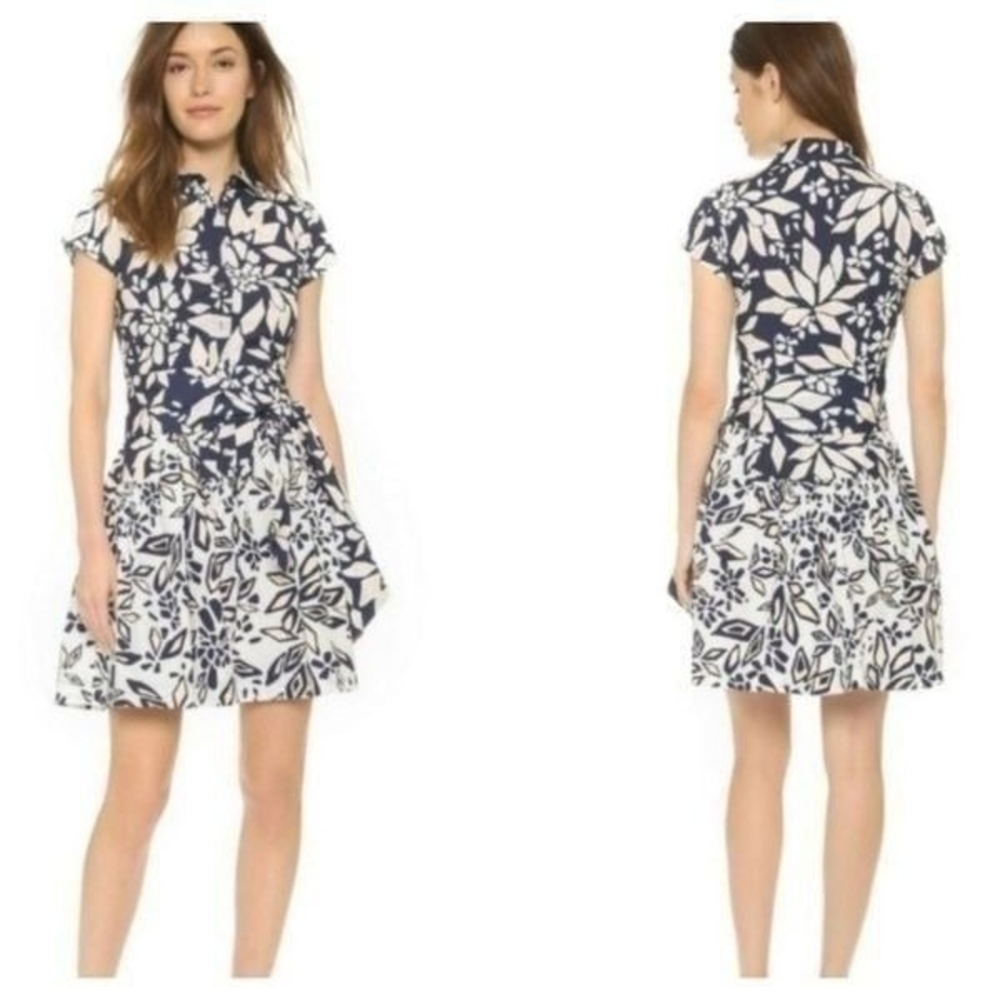 Diane Von Furstenberg Navy and White Leaf Print Mini Dress